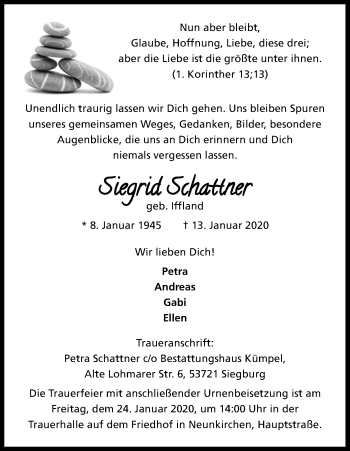 Anzeige von Siegrid Schattner von Kölner Stadt-Anzeiger / Kölnische Rundschau / Express