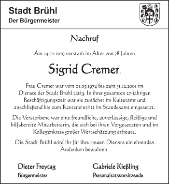 Anzeige von Sigrid Cremer von  Schlossbote/Werbekurier 
