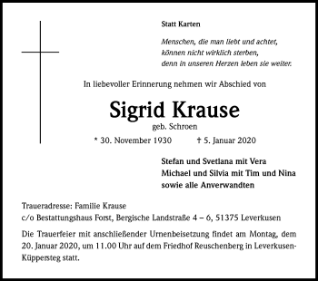 Anzeige von Sigrid Krause von Kölner Stadt-Anzeiger / Kölnische Rundschau / Express