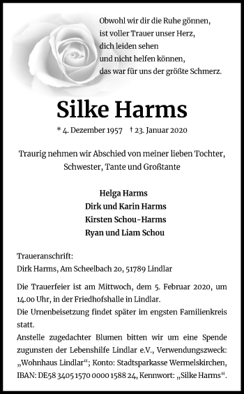 Anzeige von Silke Harms von Kölner Stadt-Anzeiger / Kölnische Rundschau / Express