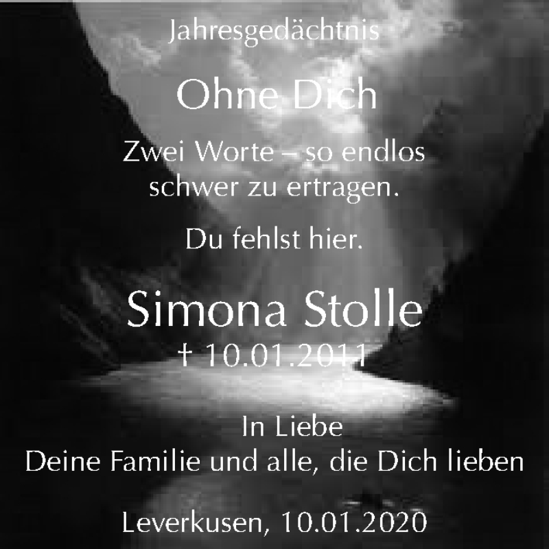  Traueranzeige für Simona Stolle vom 10.01.2020 aus Kölner Stadt-Anzeiger / Kölnische Rundschau / Express