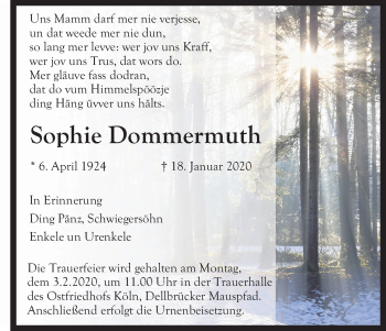 Anzeige von Sophie Dommermuth von Kölner Stadt-Anzeiger / Kölnische Rundschau / Express