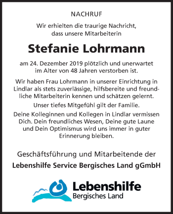 Anzeige von Stefanie Lohrmann von Kölner Stadt-Anzeiger / Kölnische Rundschau / Express