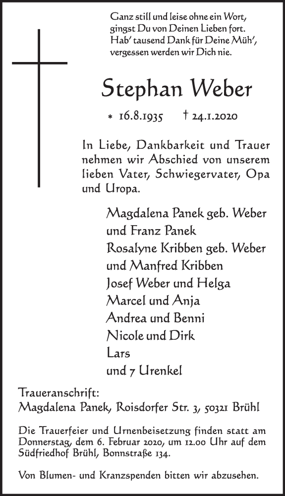  Traueranzeige für Stephan Weber vom 29.01.2020 aus  Schlossbote/Werbekurier 