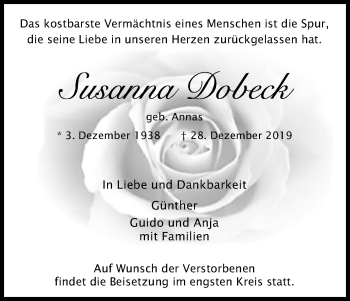 Anzeige von Susanna Dobeck von Kölner Stadt-Anzeiger / Kölnische Rundschau / Express