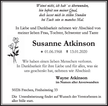 Anzeige von Susanne Atkinson von  Sonntags-Post 
