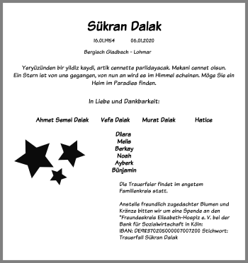 Anzeige von Sükran Dalak von Kölner Stadt-Anzeiger / Kölnische Rundschau / Express