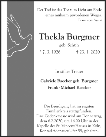 Anzeige von Thekla Burgmer von Kölner Stadt-Anzeiger / Kölnische Rundschau / Express