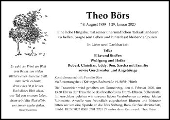 Anzeige von Theo Börs von Kölner Stadt-Anzeiger / Kölnische Rundschau / Express