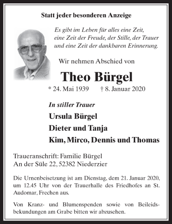 Anzeige von Theo Bürgel von  Wochenende 