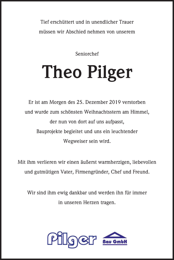  Traueranzeige für Theo Pilger vom 04.01.2020 aus Kölner Stadt-Anzeiger / Kölnische Rundschau / Express