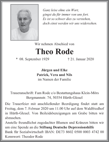 Anzeige von Theo Rode von  Wochenende 