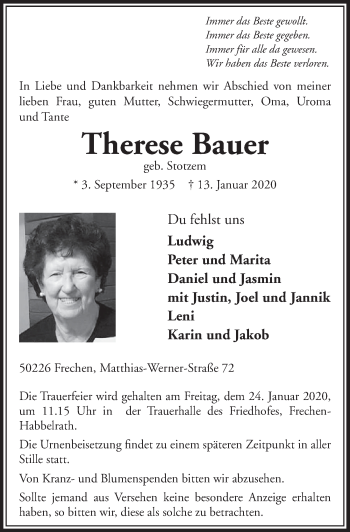 Anzeige von Therese Bauer von  Sonntags-Post 