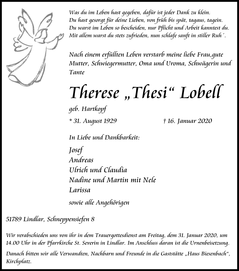 Traueranzeigen Von Therese Lobell Wirtrauern