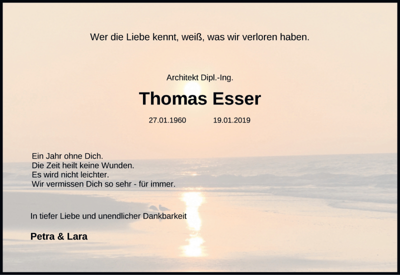  Traueranzeige für Thomas Esser vom 18.01.2020 aus Kölner Stadt-Anzeiger / Kölnische Rundschau / Express