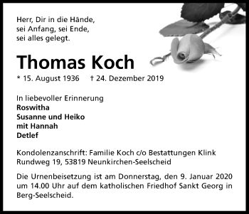 Anzeige von Thomas Koch von Kölner Stadt-Anzeiger / Kölnische Rundschau / Express