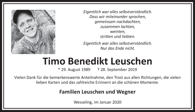  Traueranzeige für Timo Benedikt Leuschen vom 08.01.2020 aus  Schlossbote/Werbekurier 