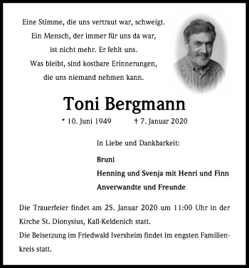 Anzeige von Toni Bergmann von Kölner Stadt-Anzeiger / Kölnische Rundschau / Express