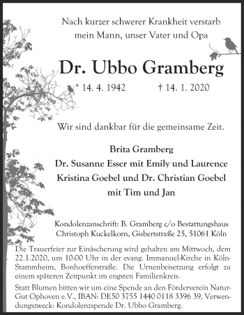Anzeige von Ubbo Gramberg von Kölner Stadt-Anzeiger / Kölnische Rundschau / Express