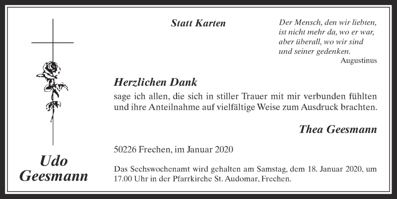  Traueranzeige für Udo Geesmann vom 15.01.2020 aus  Wochenende 
