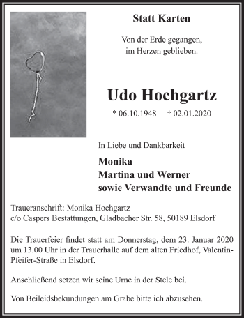 Anzeige von Udo Hochgartz von  Sonntags-Post 