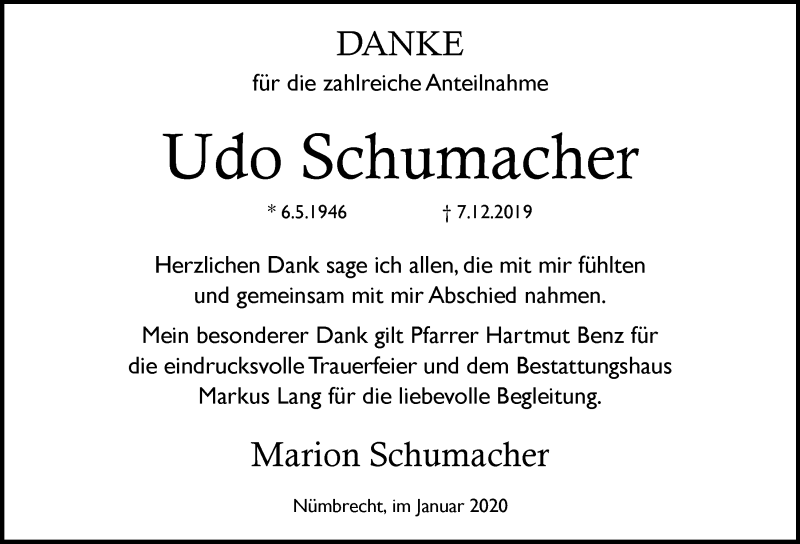  Traueranzeige für Udo Schumacher vom 22.01.2020 aus  Lokalanzeiger 