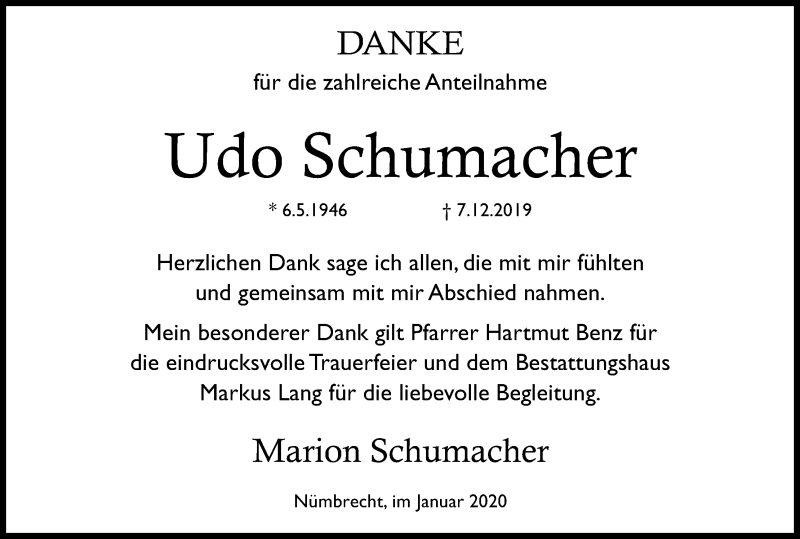  Traueranzeige für Udo Schumacher vom 18.01.2020 aus Kölner Stadt-Anzeiger / Kölnische Rundschau / Express