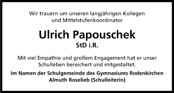 Anzeige von Ulrich Papouschek von Kölner Stadt-Anzeiger / Kölnische Rundschau / Express