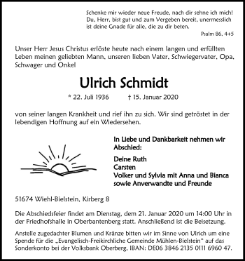 Anzeige von Ulrich Schmidt von Kölner Stadt-Anzeiger / Kölnische Rundschau / Express