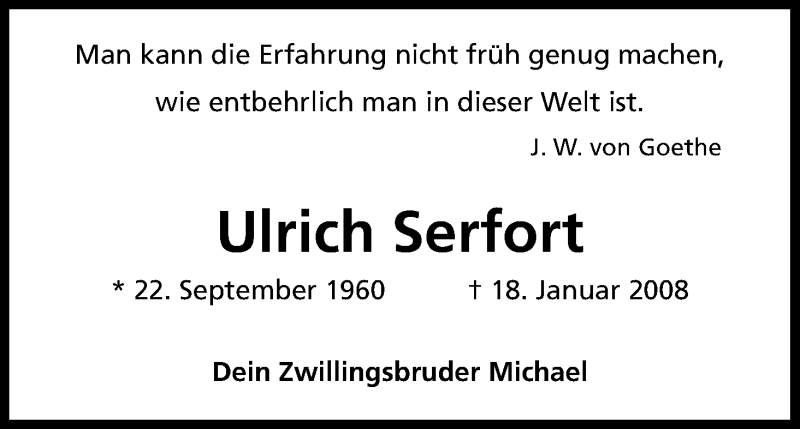  Traueranzeige für Ulrich Serfort vom 18.01.2020 aus Kölner Stadt-Anzeiger / Kölnische Rundschau / Express