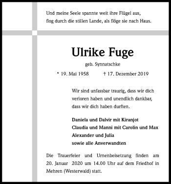Anzeige von Ulrike Fuge von Kölner Stadt-Anzeiger / Kölnische Rundschau / Express