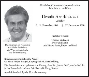 Anzeige von Ursula Arndt von  Sonntags-Post 