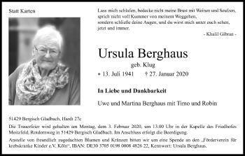 Anzeige von Ursula Berghaus von Kölner Stadt-Anzeiger / Kölnische Rundschau / Express