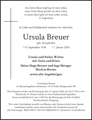 Anzeige von Ursula Breuer von  Kölner Wochenspiegel 