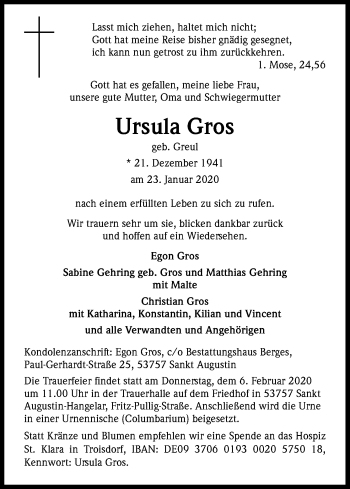 Anzeige von Ursula Gros von Kölner Stadt-Anzeiger / Kölnische Rundschau / Express