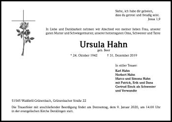 Anzeige von Ursula Hahn von Kölner Stadt-Anzeiger / Kölnische Rundschau / Express