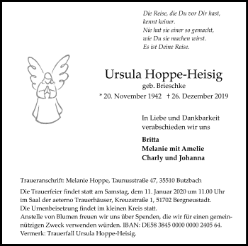 Anzeige von Ursula Hoppe-Heisig von Kölner Stadt-Anzeiger / Kölnische Rundschau / Express