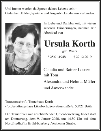 Anzeige von Ursula Korth von  Schlossbote/Werbekurier 