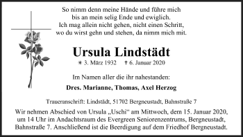 Anzeige von Ursula Lindstädt von Kölner Stadt-Anzeiger / Kölnische Rundschau / Express