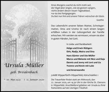 Anzeige von Ursula Müller von Kölner Stadt-Anzeiger / Kölnische Rundschau / Express