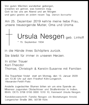 Anzeige von Ursula Nesgen von Kölner Stadt-Anzeiger / Kölnische Rundschau / Express