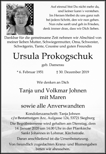 Anzeige von Ursula Prokogschuk von Kölner Stadt-Anzeiger / Kölnische Rundschau / Express