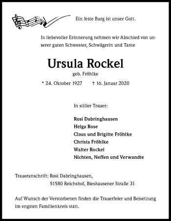 Anzeige von Ursula Rockel von Kölner Stadt-Anzeiger / Kölnische Rundschau / Express