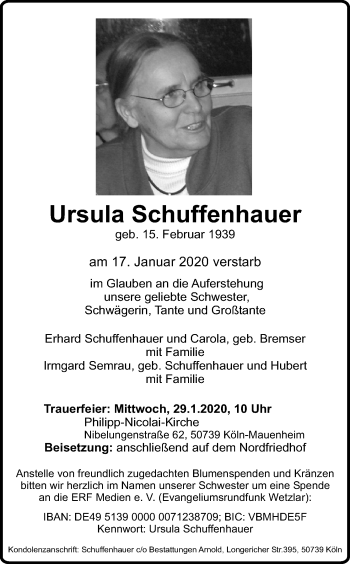 Anzeige von Ursula Schuffenhauer von Kölner Stadt-Anzeiger / Kölnische Rundschau / Express