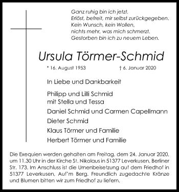 Anzeige von Ursula Törmer-Schmid von Kölner Stadt-Anzeiger / Kölnische Rundschau / Express