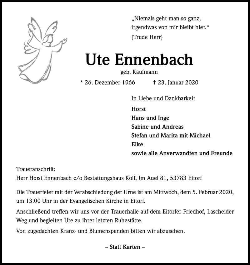  Traueranzeige für Ute Ennenbach vom 31.01.2020 aus Kölner Stadt-Anzeiger / Kölnische Rundschau / Express