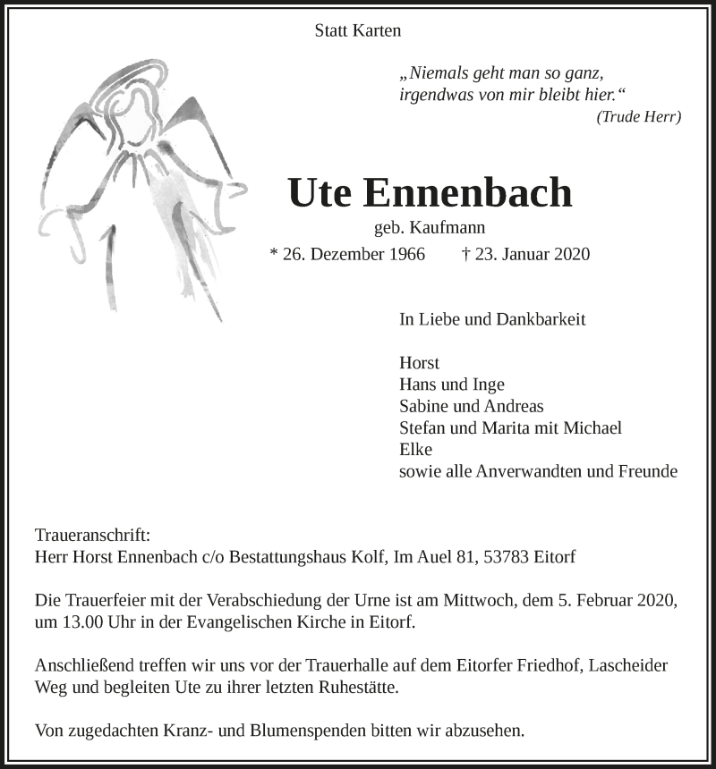  Traueranzeige für Ute Ennenbach vom 29.01.2020 aus  Lokalanzeiger 