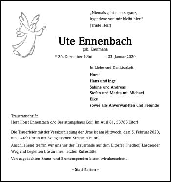 Anzeige von Ute Ennenbach von Kölner Stadt-Anzeiger / Kölnische Rundschau / Express