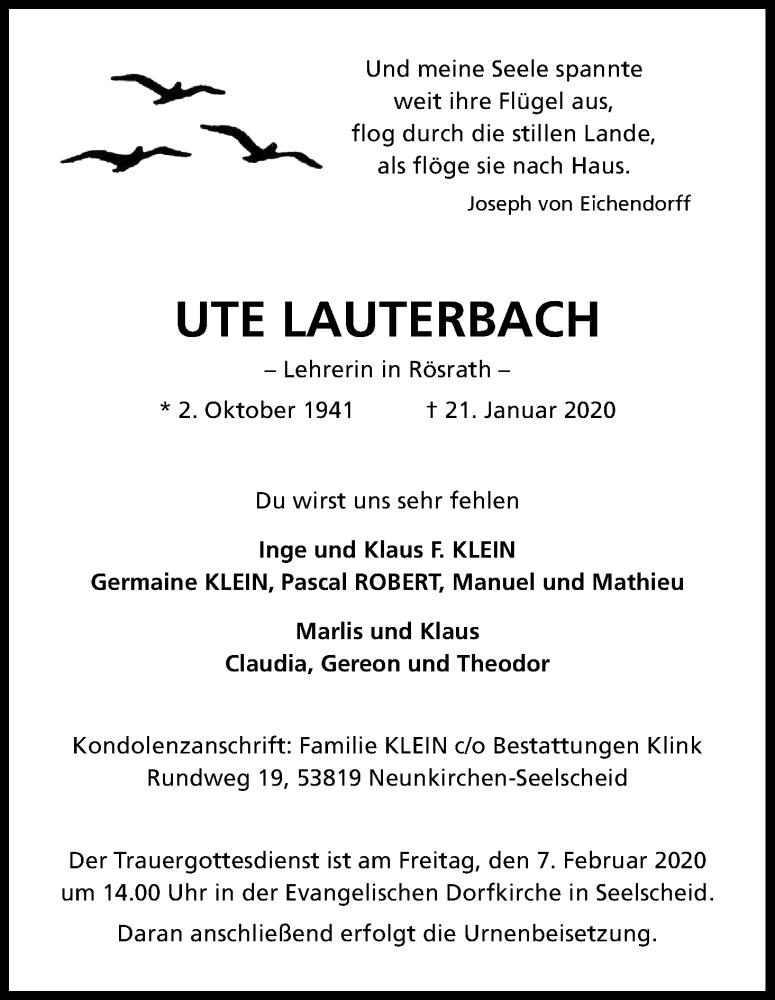 Traueranzeige für Ute Lauterbach vom 31.01.2020 aus Kölner Stadt-Anzeiger / Kölnische Rundschau / Express