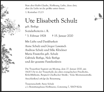 Anzeige von Ute Elisabeth Schulz von Kölner Stadt-Anzeiger / Kölnische Rundschau / Express